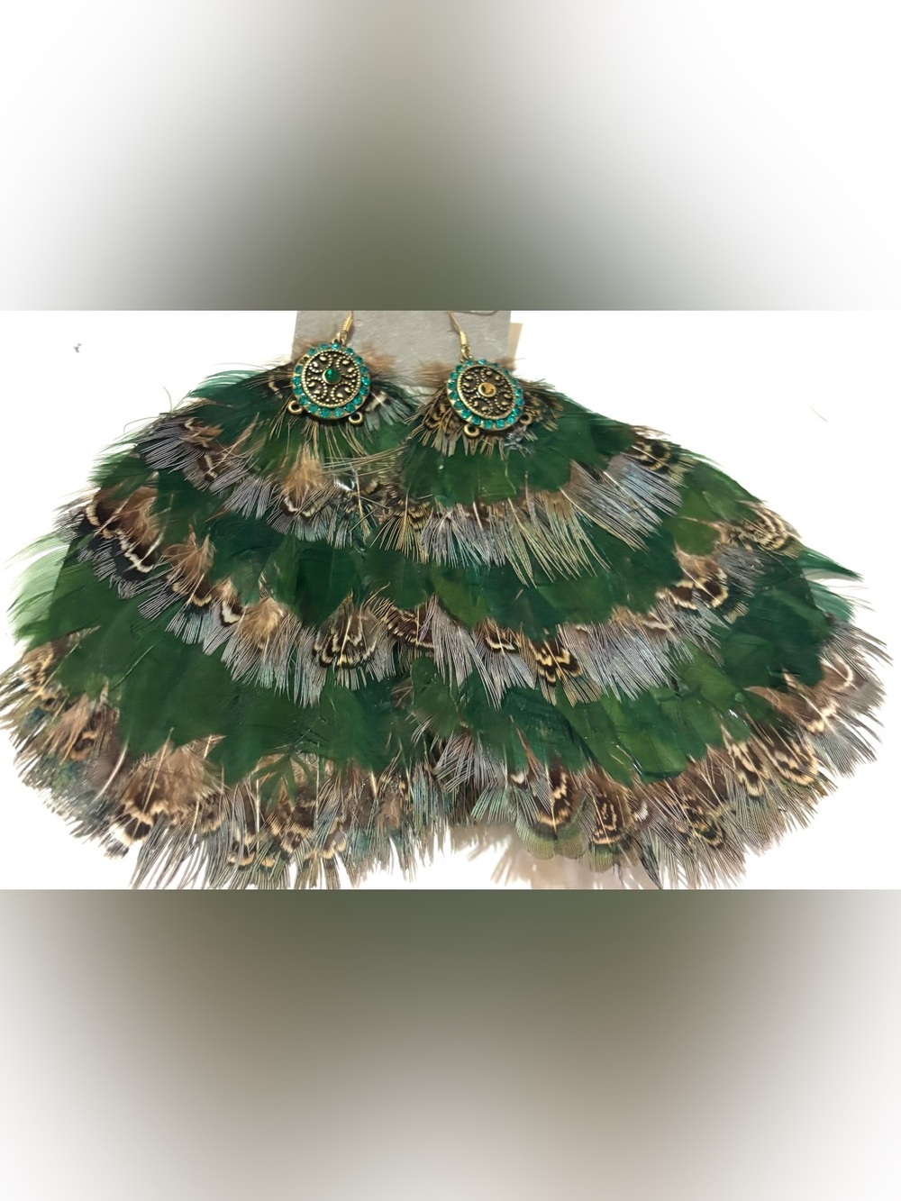 Green Feather Statement Earrings with Turquoise Accents NWOT